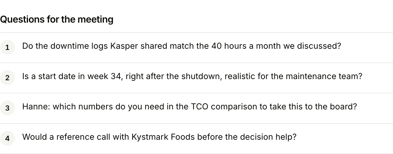 Questions for the meeting, ready before it starts